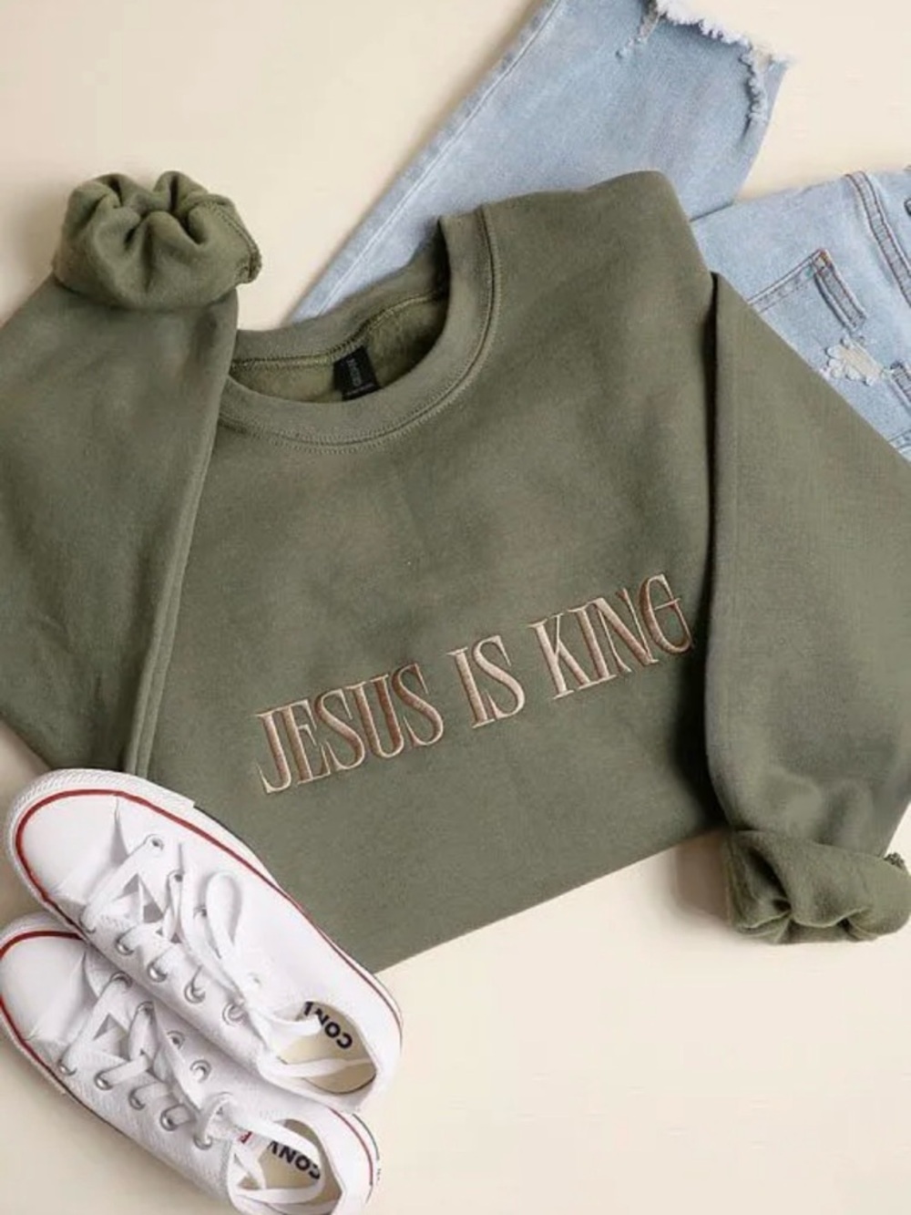 Jesus Is King Embroidered Sweatshirt Green NWT | Fashion City | L